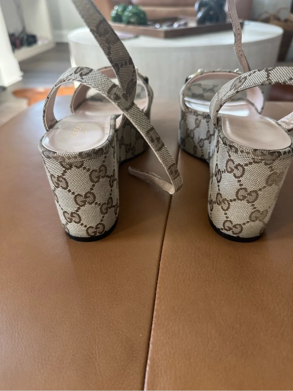 Gucci Tan Monogram Platform Slingback Sandals with Gold Horsebit